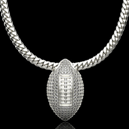 Silver football necklace pendant with diamonds, by QJ Jewelry, on a black background