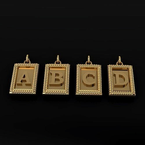 Four gold letter pendants spelling 'ABCD' on a black background