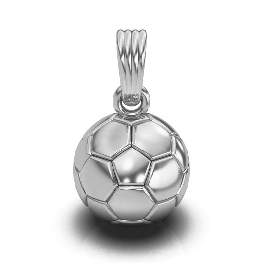 Silver soccer necklace pendant, by QJ Jewelry, on a white background